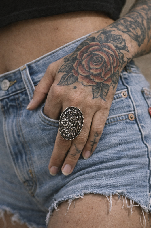 Western Flower Tooled Cuff Ring Wild Cactus Boutique
