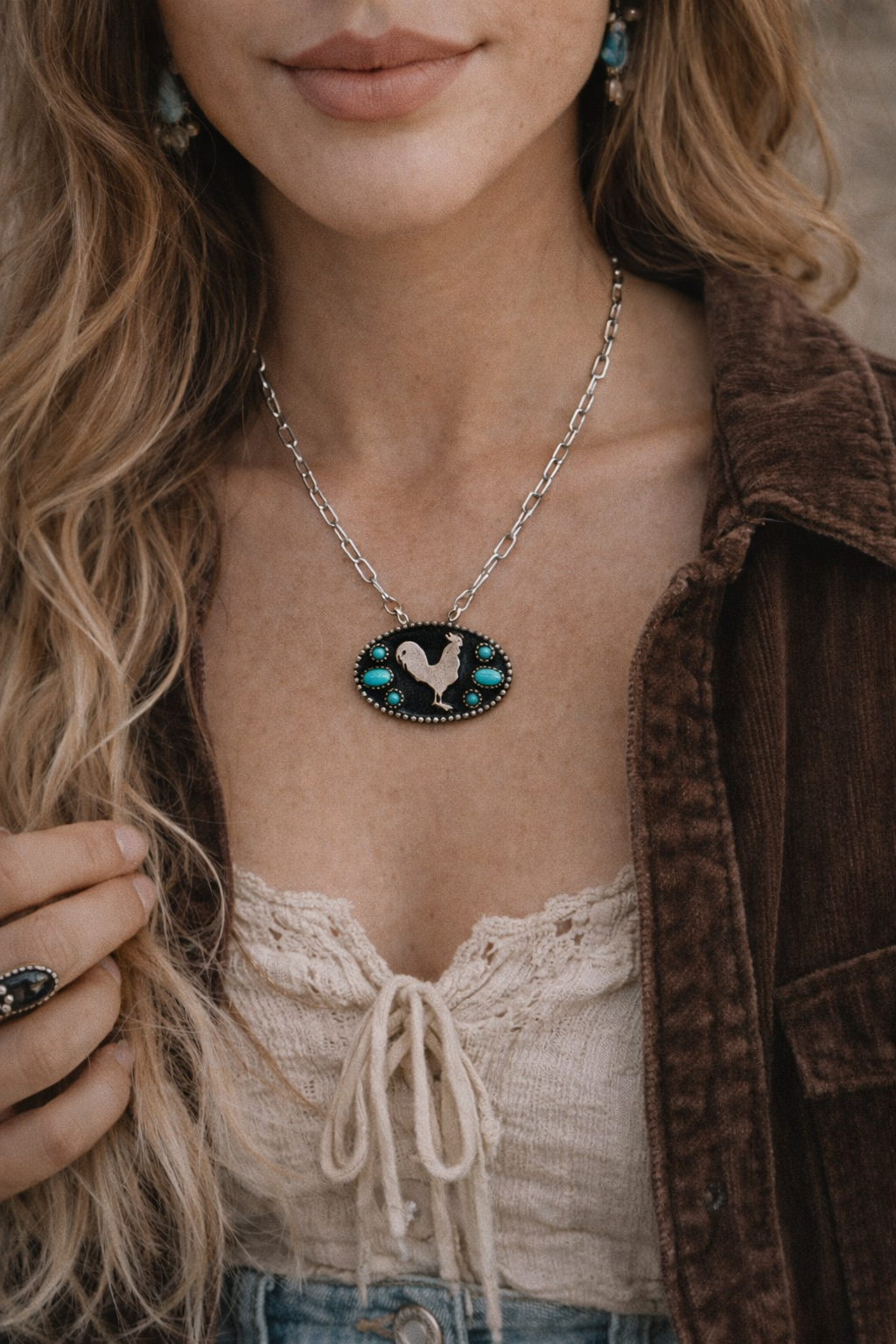 Western Rooster Silhouette Turquoise Stone Necklace Wild Cactus Boutique