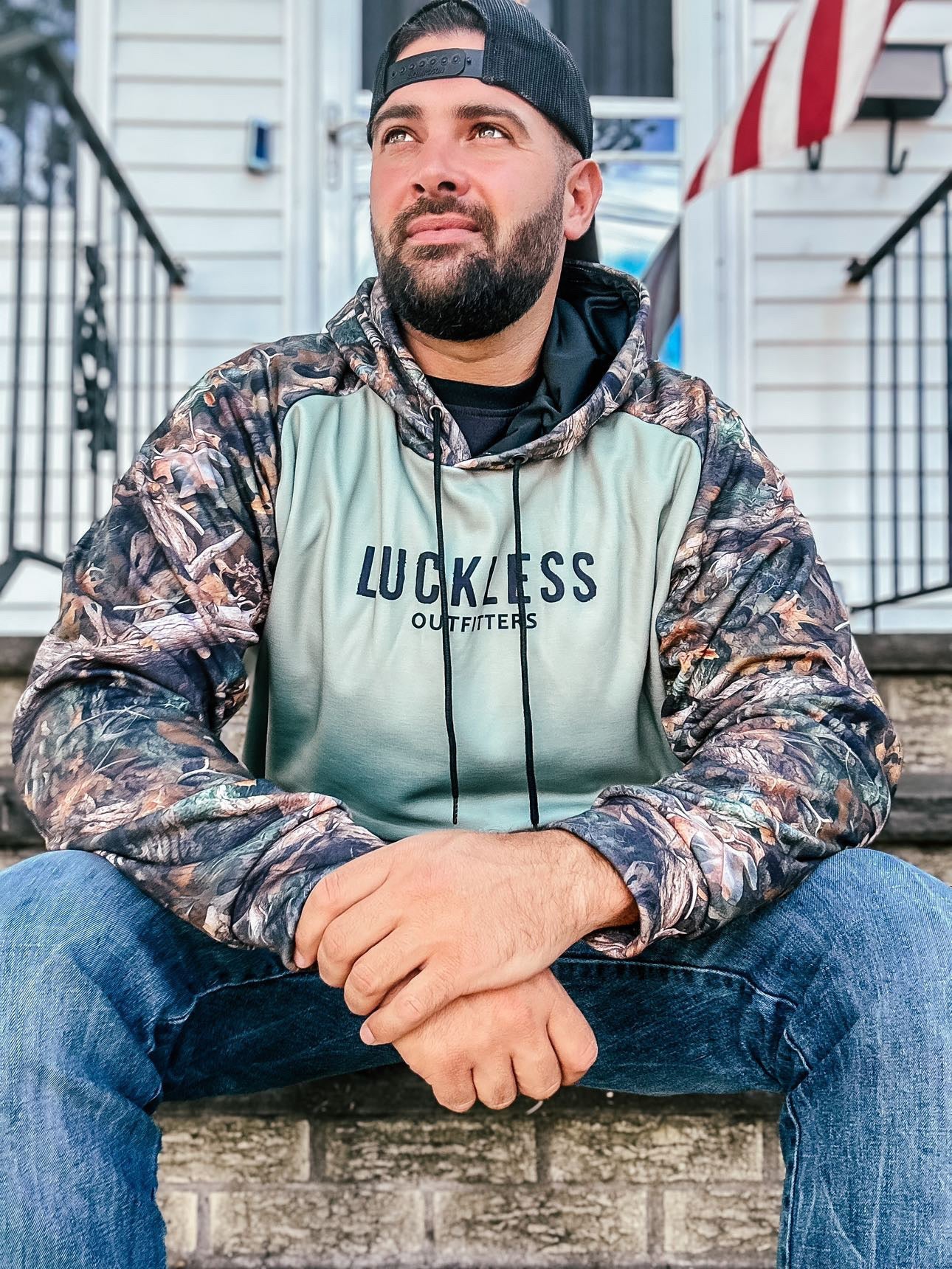 Heavy Fleece Raglan Hoodie |  Green + Camo Blocked Luckless Outfitters