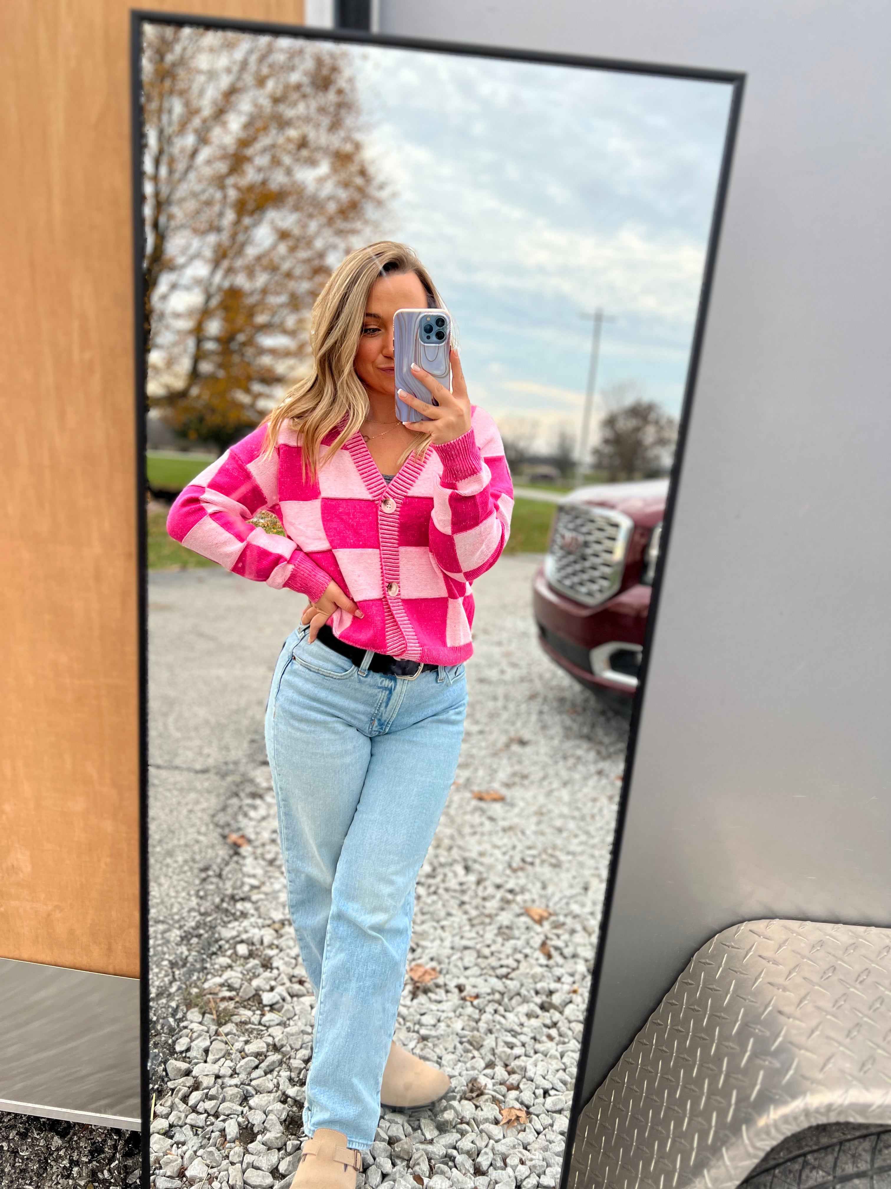 Checkered Drop Shoulder Buttoned V Neck Cardigan Thread & Co. Boutique, LLC