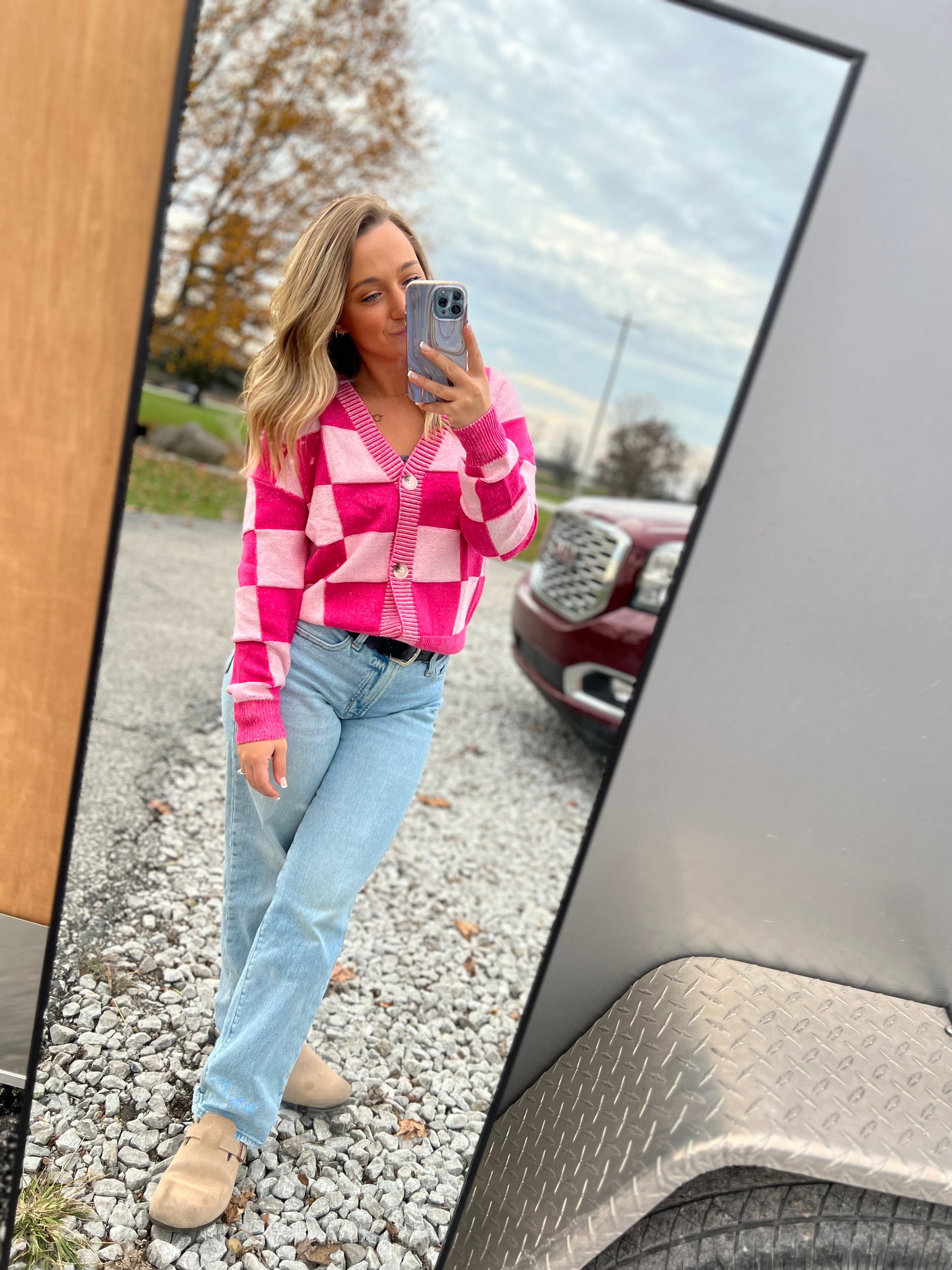 Checkered Drop Shoulder Buttoned V Neck Cardigan Thread & Co. Boutique, LLC