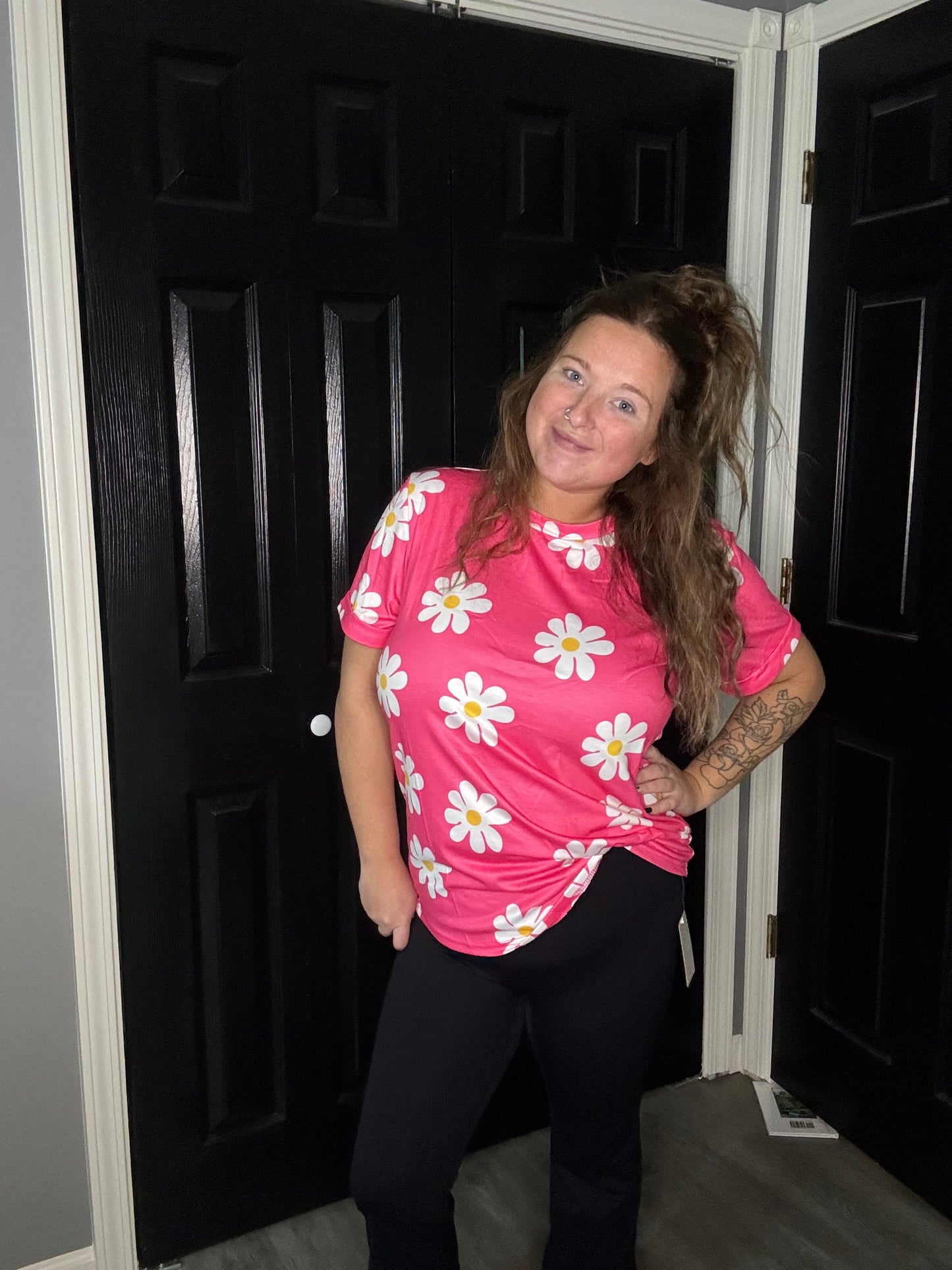 Pink Daisy Printed Crewneck T Shirt Thread & Co. Boutique, LLC