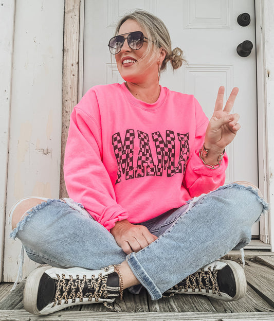 Mama Outline Checkered Sweatshirt *7 Colors (S-3X) Chloe Vs Tank The Boutique