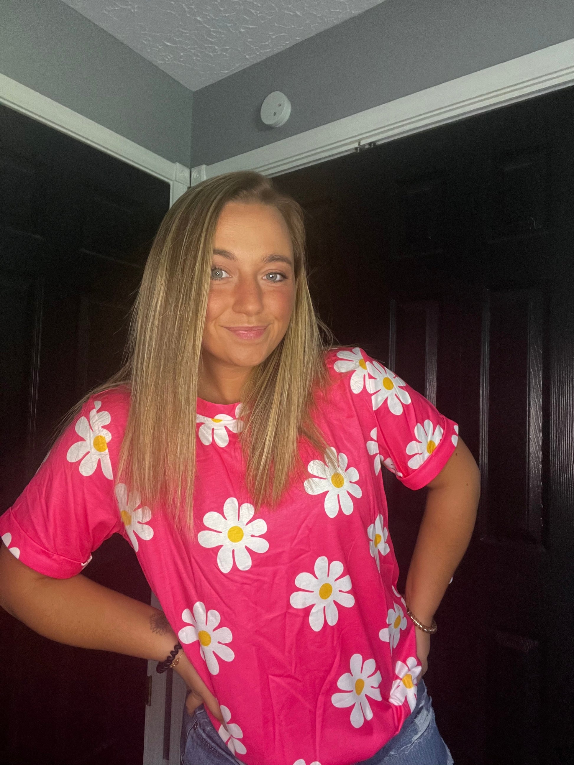 Pink Daisy Printed Crewneck T Shirt Thread & Co. Boutique, LLC