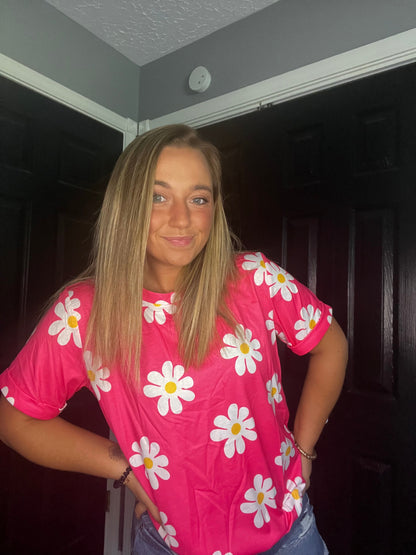 Pink Daisy Printed Crewneck T Shirt Thread & Co. Boutique, LLC