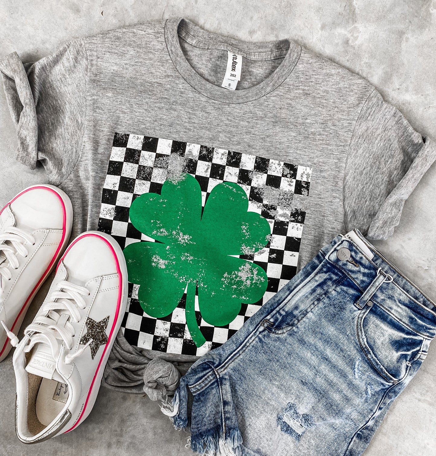 Checkered Shamrock Tee *GREY (S-3X) Chloe Vs Tank The Boutique