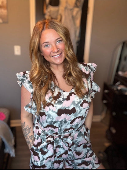 Grey and Pink Leopard Romper Thread & Co. Boutique, LLC