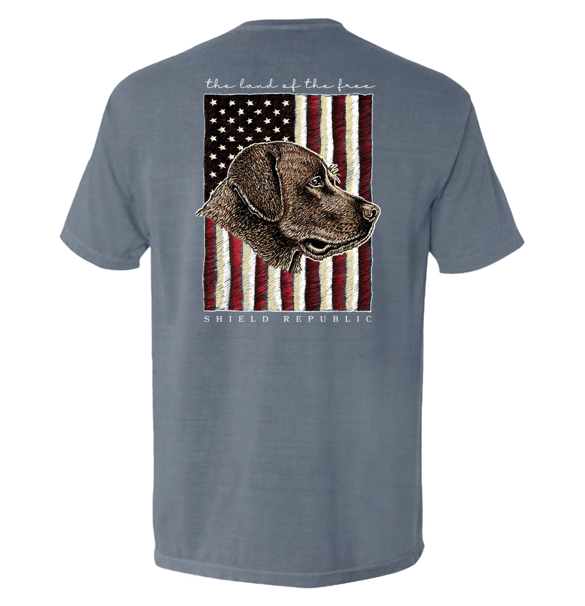 The Land of the Free Chocolate Lab Shield Republic