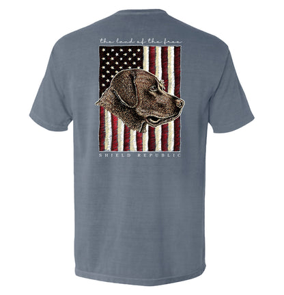 The Land of the Free Chocolate Lab Shield Republic
