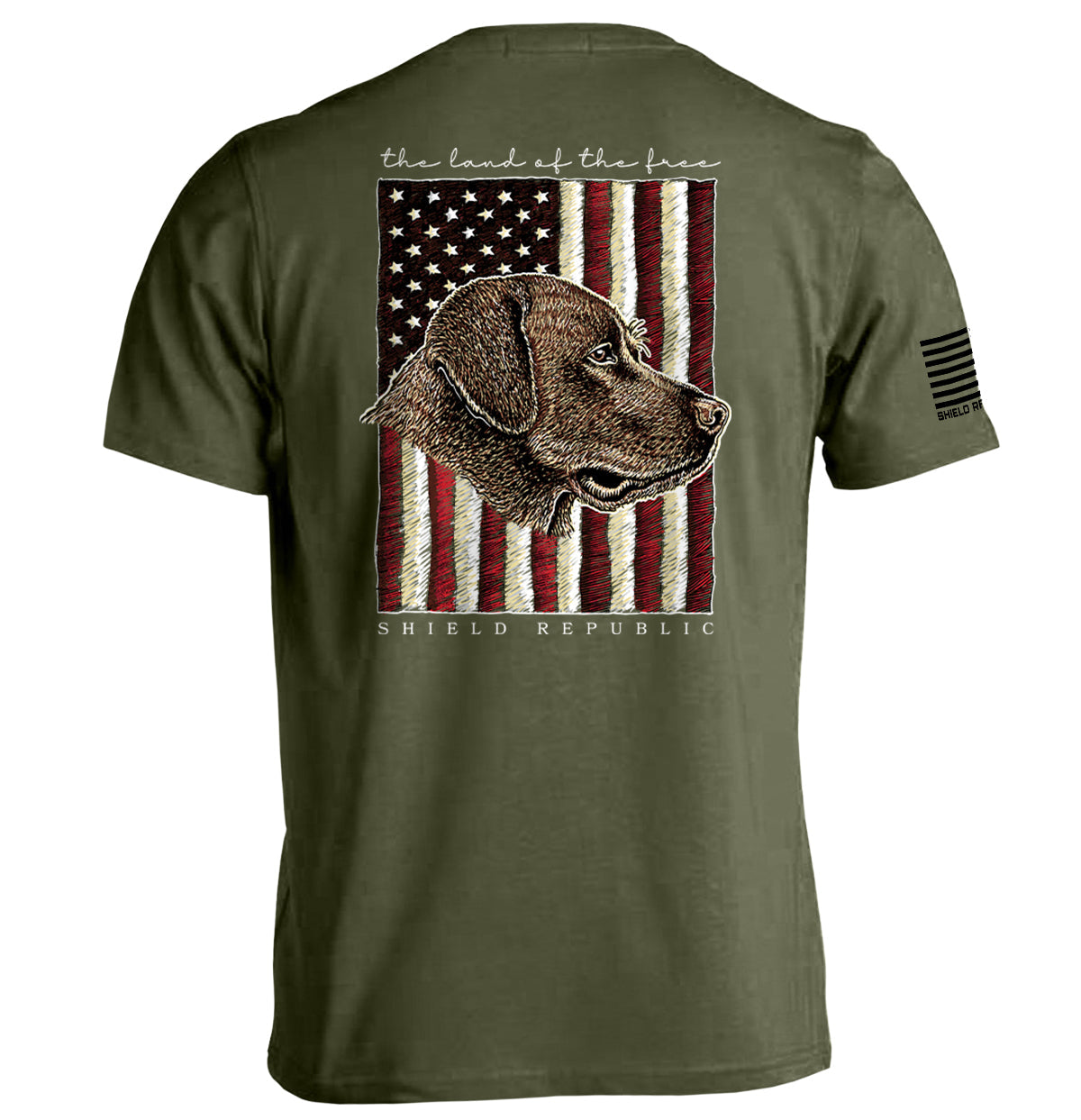 The Land of the Free Chocolate Lab Shield Republic