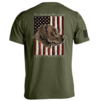 The Land of the Free Chocolate Lab Shield Republic