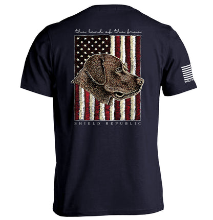 The Land of the Free Chocolate Lab Shield Republic