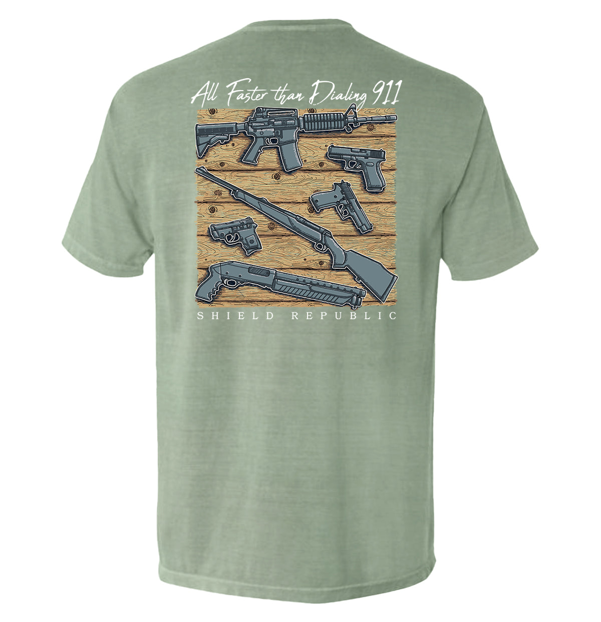 All Faster than Dialing 911 Pocket Tee Shield Republic
