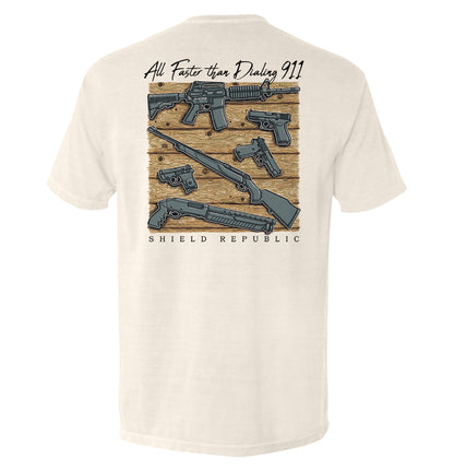 All Faster than Dialing 911 Pocket Tee Shield Republic