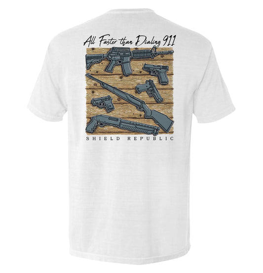 All Faster than Dialing 911 Pocket Tee Shield Republic