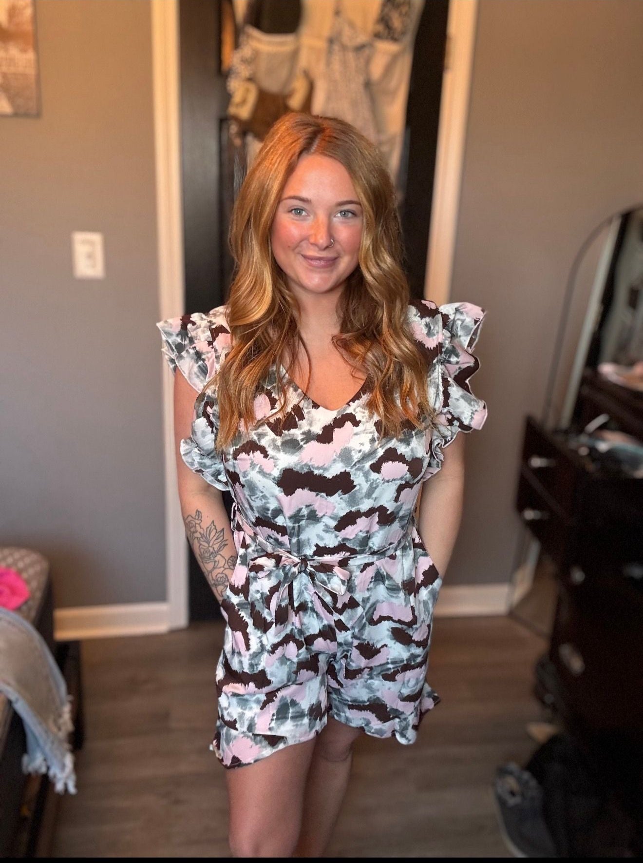 Grey and Pink Leopard Romper Thread & Co. Boutique, LLC