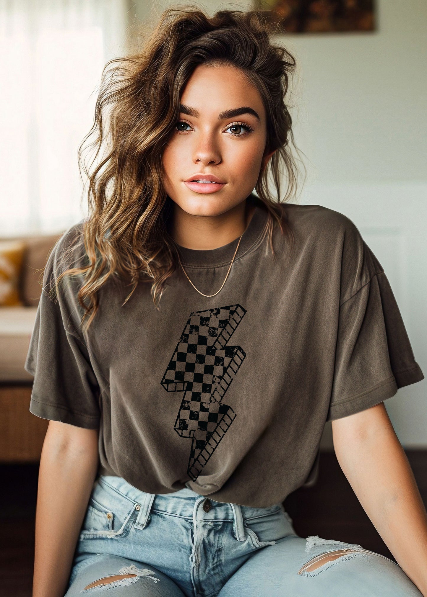 Pre-Order: Checkered Bolt Tee *Espresso (S-3X) Chloe Vs Tank The Boutique