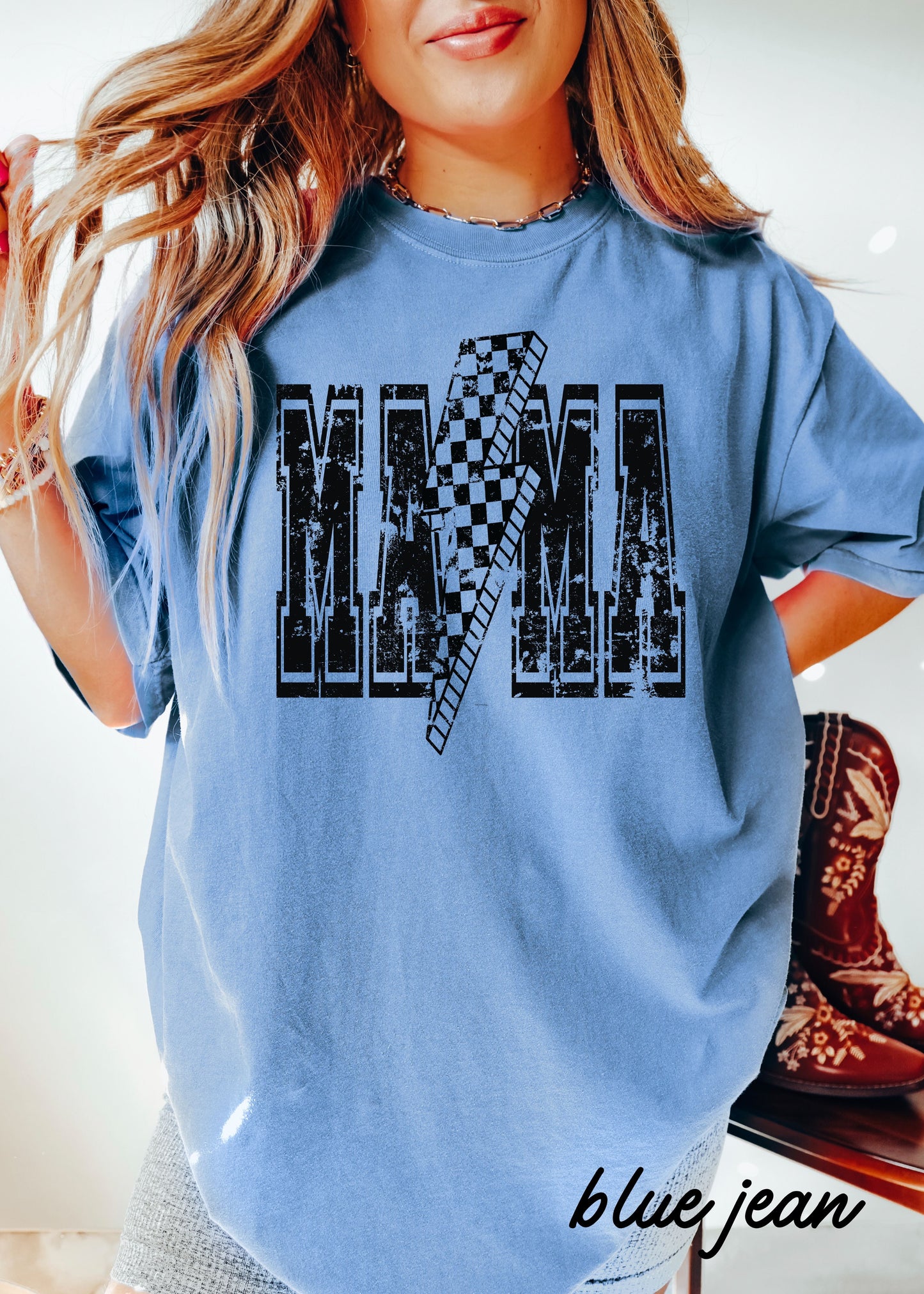 Checkered Bolt MAMA Tee *10 Colors Black Ink (S-3X) Chloe Vs Tank The Boutique