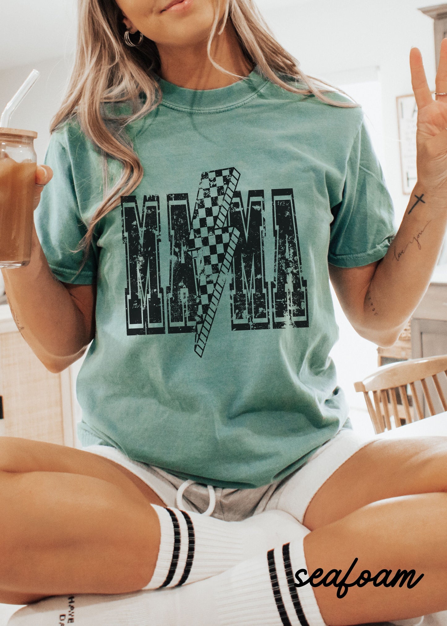 Checkered Bolt MAMA Tee *10 Colors Black Ink (S-3X) Chloe Vs Tank The Boutique