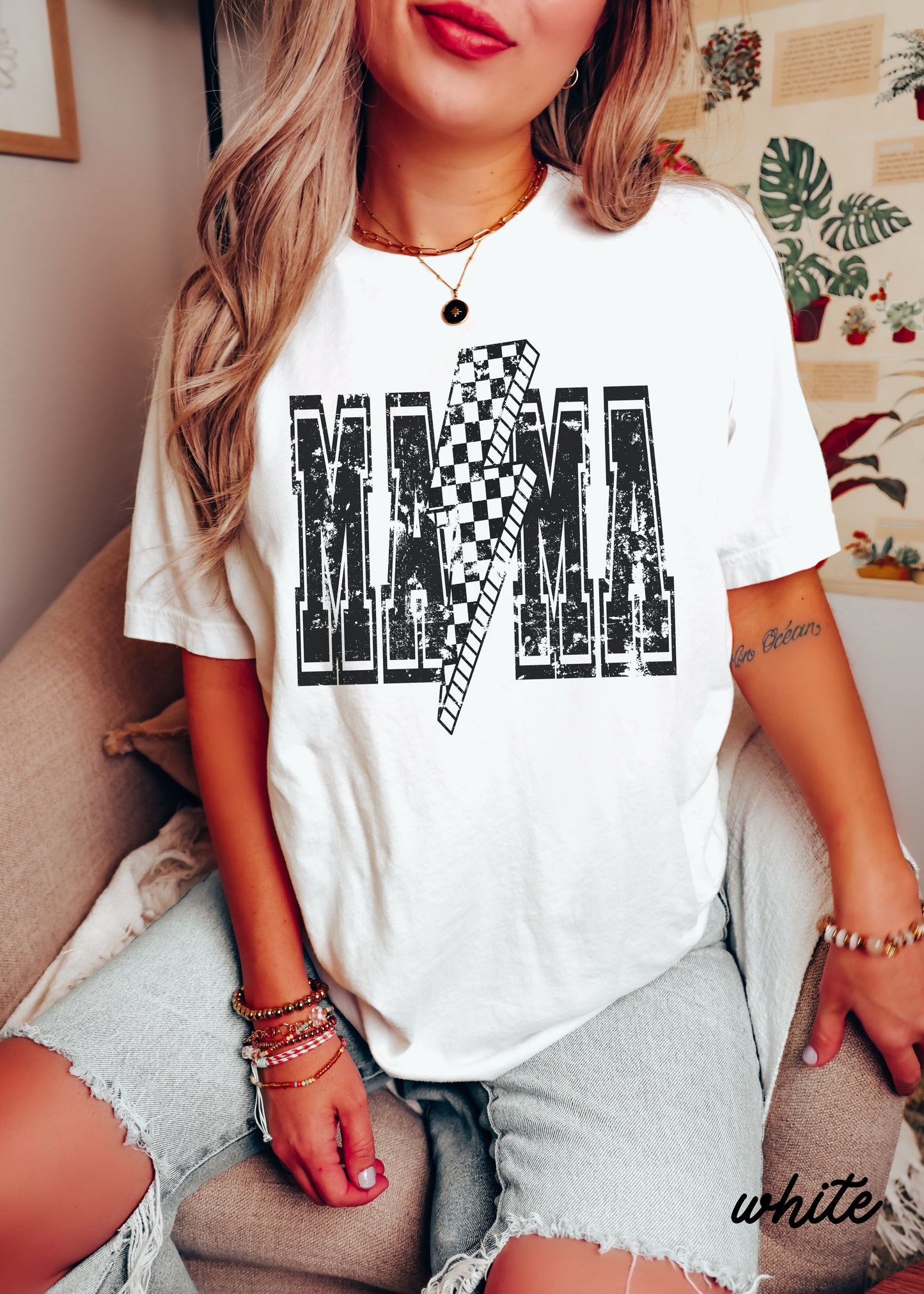 Checkered Bolt MAMA Tee *10 Colors Black Ink (S-3X) Chloe Vs Tank The Boutique