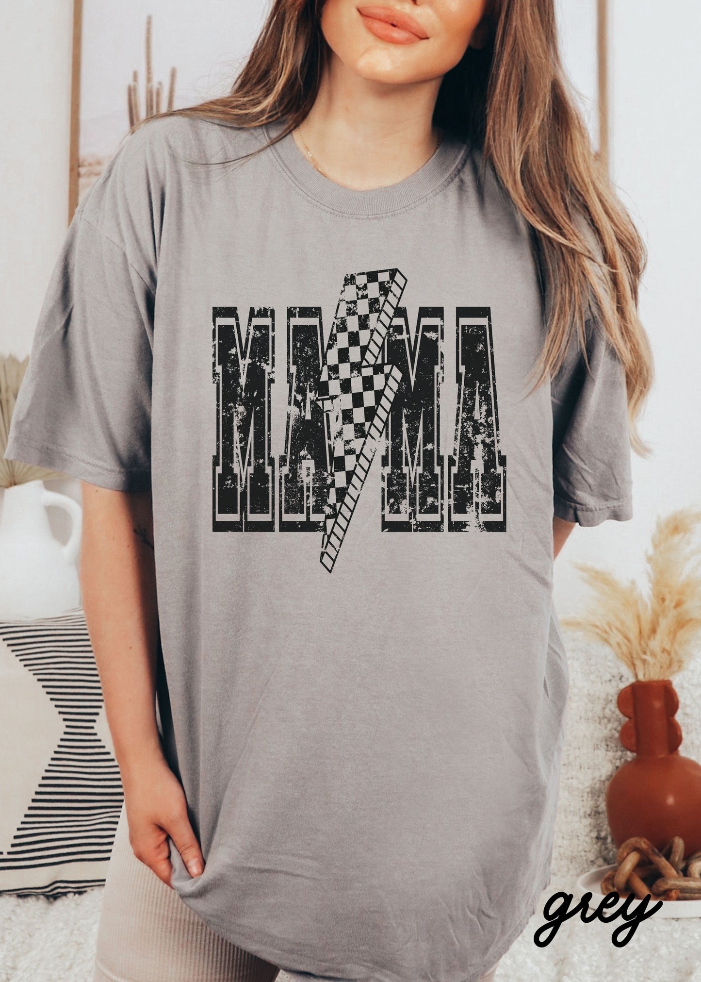 Checkered Bolt MAMA Tee *10 Colors Black Ink (S-3X) Chloe Vs Tank The Boutique
