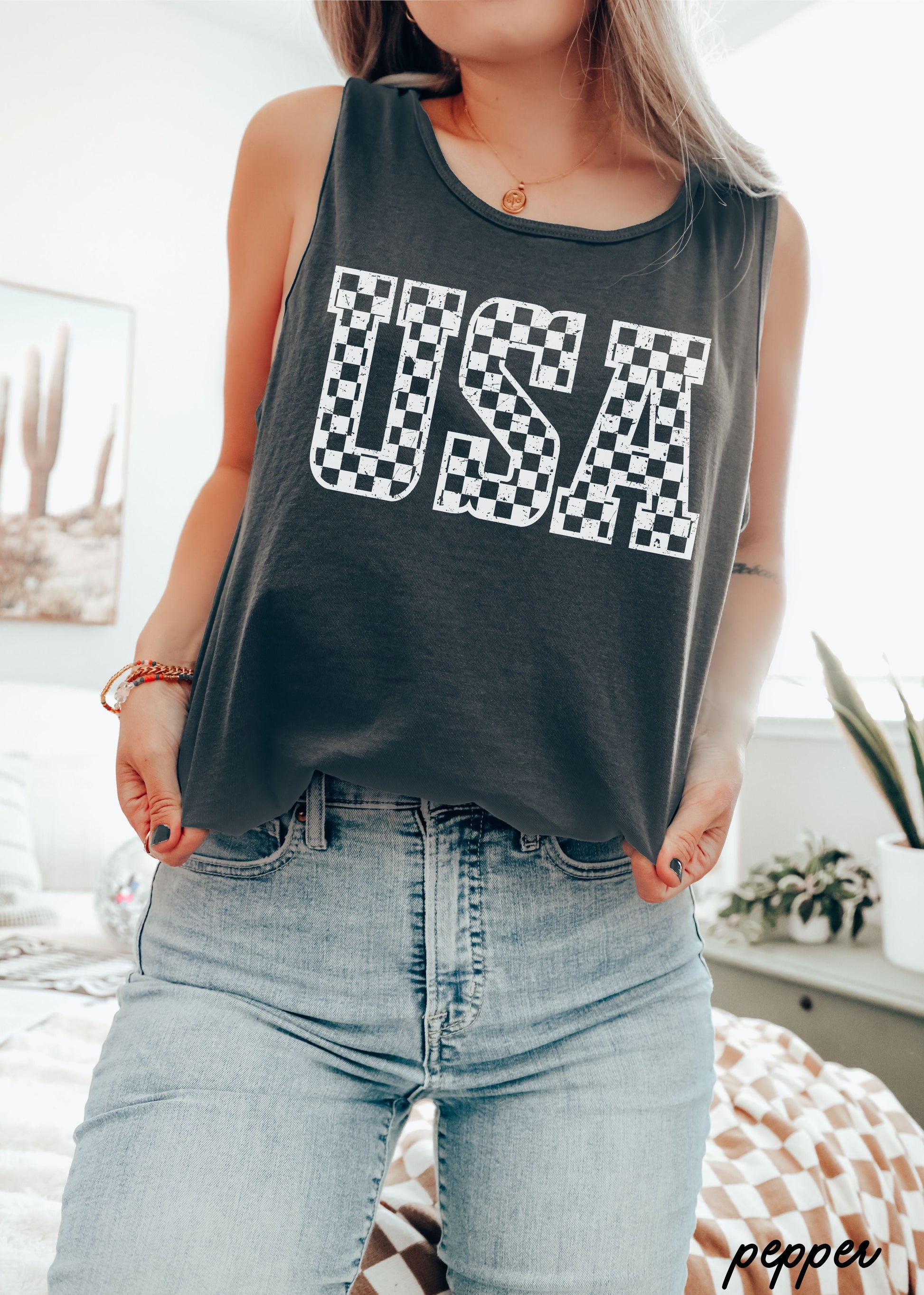 Checkered USA Tank *4 Colors (S-3X) Chloe Vs Tank The Boutique