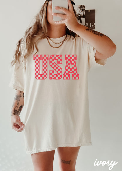 Checkered USA Tee *12 Colors (S-3X) Chloe Vs Tank The Boutique