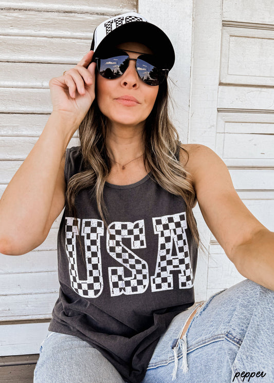 Checkered USA Tank *4 Colors (S-3X) Chloe Vs Tank The Boutique
