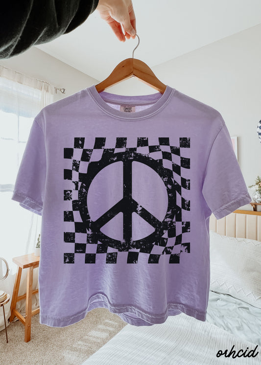 Checkered Peace Sign CROP Tee *3 Colors (S-2X) Chloe Vs Tank The Boutique