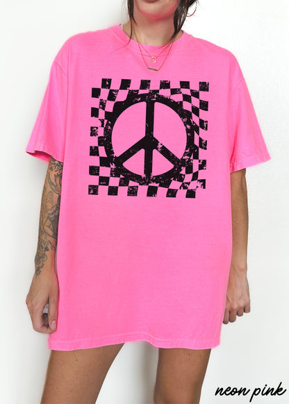Checkered Peace Sign Tee *12 Colors (S-3X) Chloe Vs Tank The Boutique