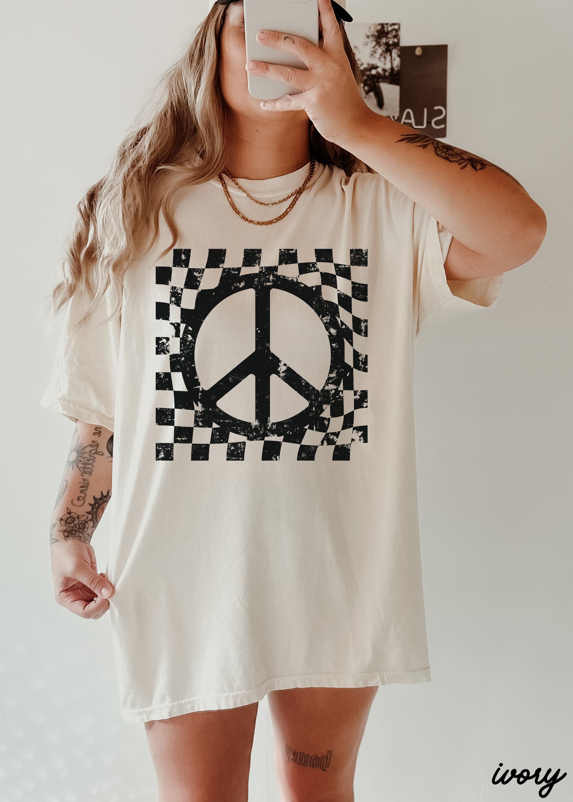 Checkered Peace Sign Tee *12 Colors (S-3X) Chloe Vs Tank The Boutique