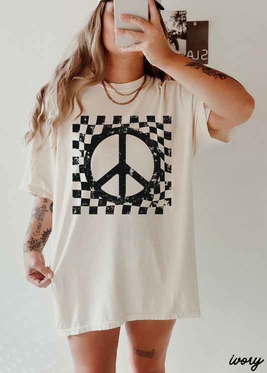 Checkered Peace Sign Tee *12 Colors (S-3X) Chloe Vs Tank The Boutique