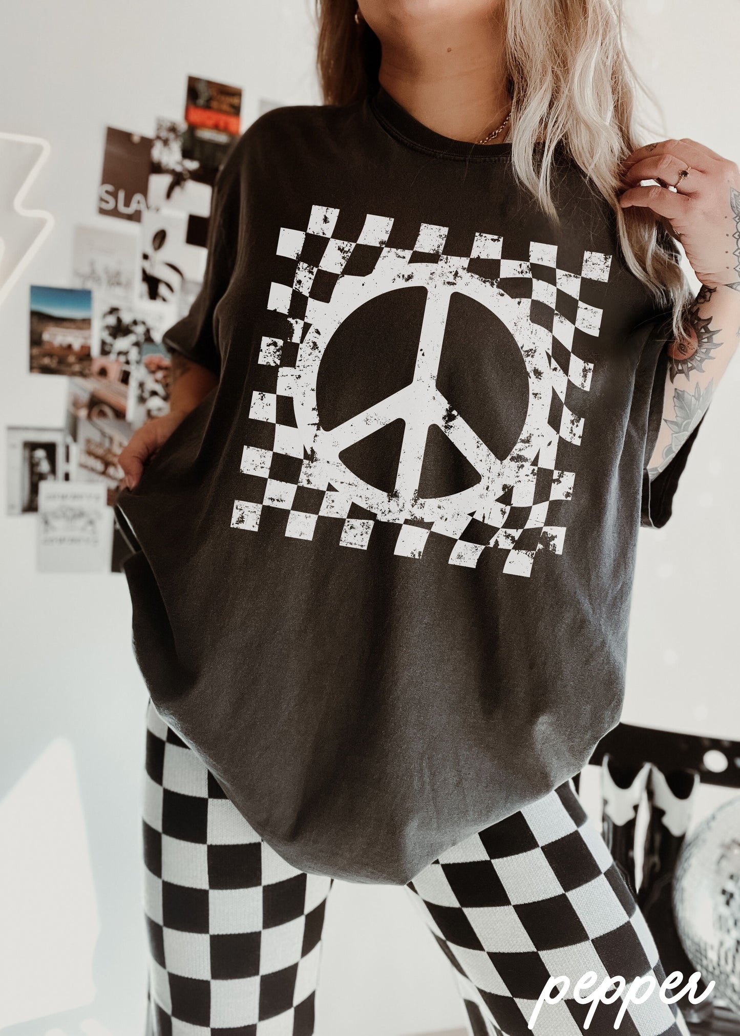 Checkered Peace Sign Tee *12 Colors (S-3X) Chloe Vs Tank The Boutique
