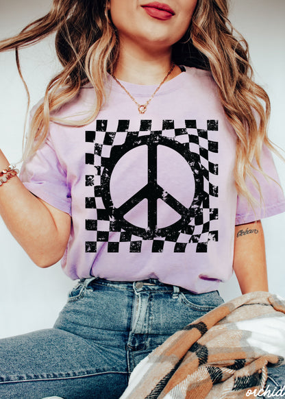 Checkered Peace Sign Tee *12 Colors (S-3X) Chloe Vs Tank The Boutique