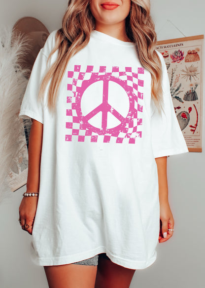 Checkered Peace Sign Tee *12 Colors (S-3X) Chloe Vs Tank The Boutique