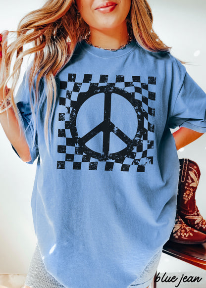 Checkered Peace Sign Tee *12 Colors (S-3X) Chloe Vs Tank The Boutique