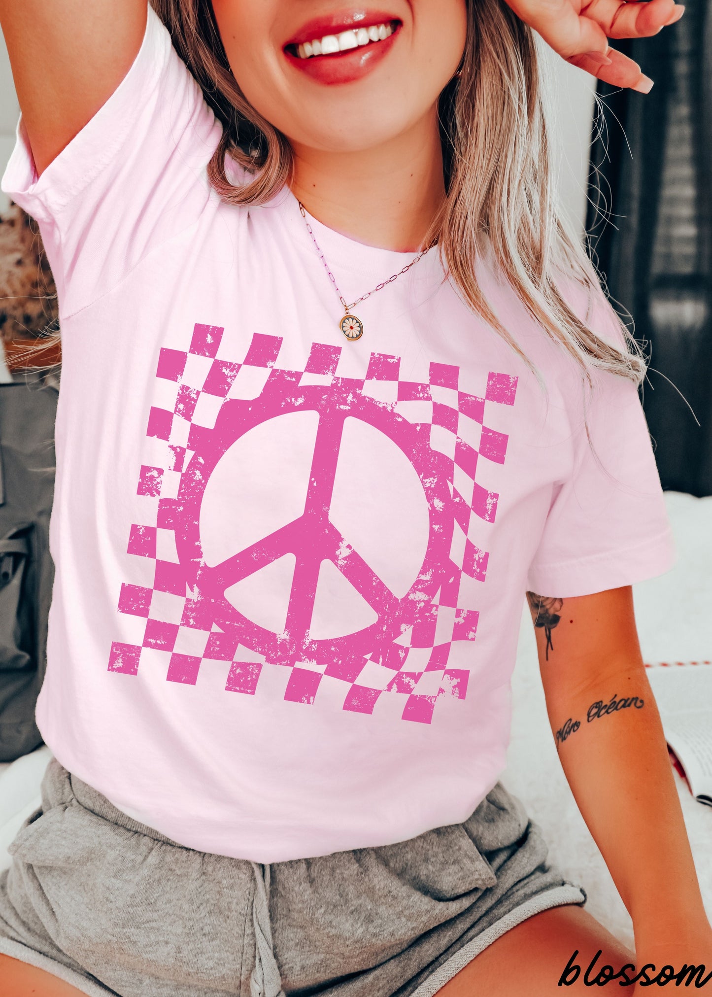 Checkered Peace Sign Tee *12 Colors (S-3X) Chloe Vs Tank The Boutique