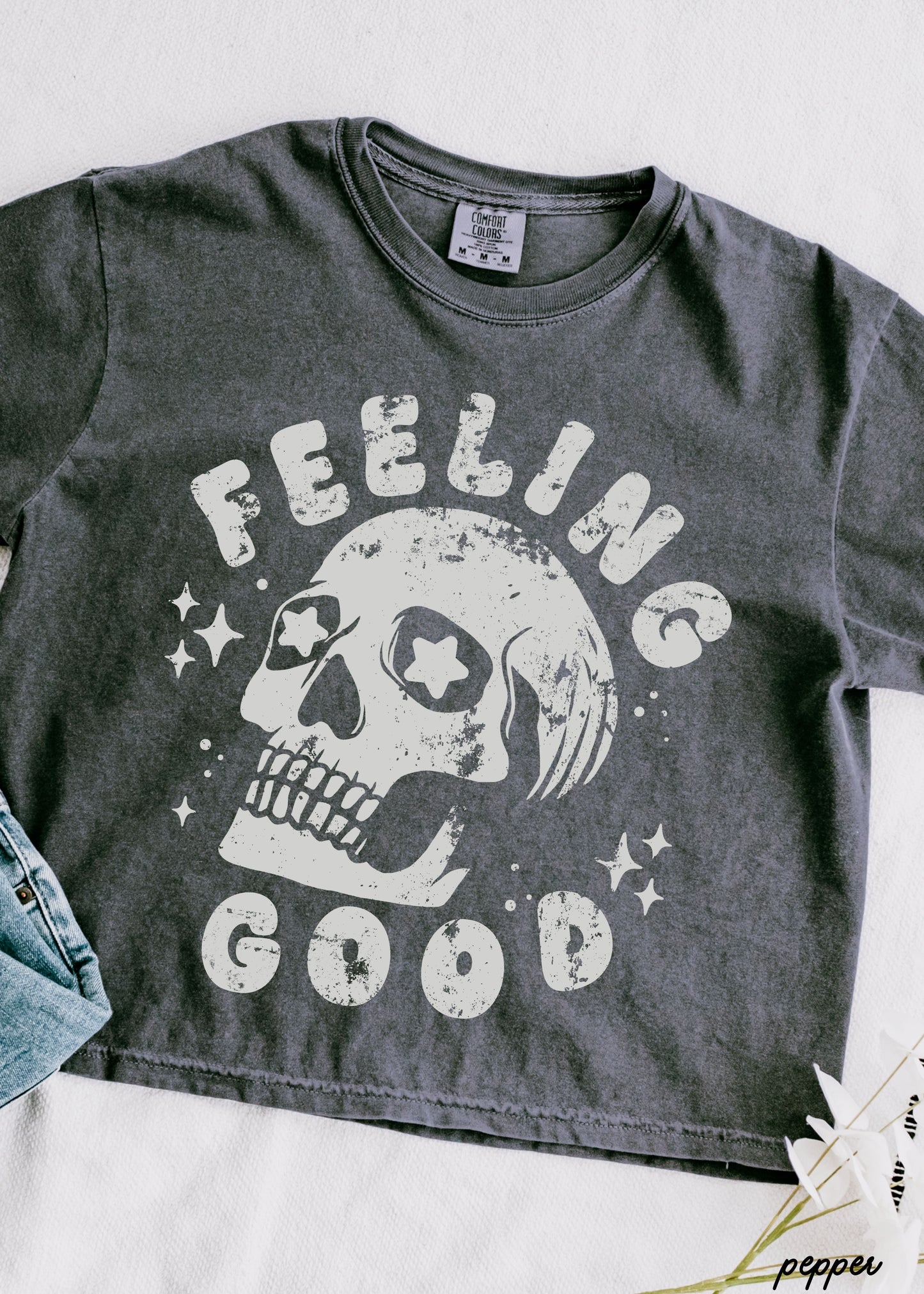 Feeling Good Skull CROP Tee *4 Colors (S-2X) Chloe Vs Tank The Boutique
