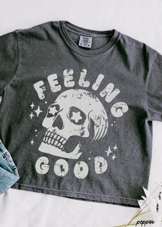 Feeling Good Skull CROP Tee *4 Colors (S-2X) Chloe Vs Tank The Boutique