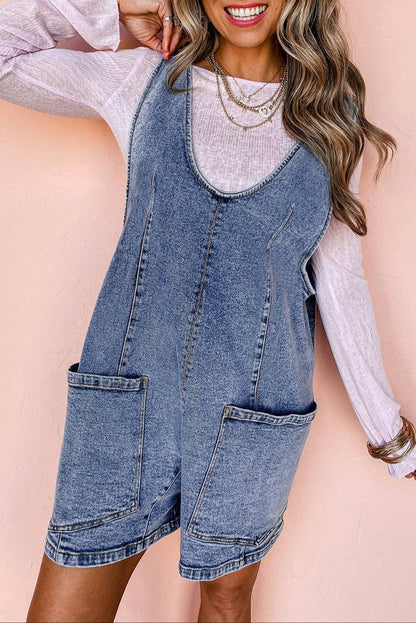 Denim Sleeveless Patched Pocket Romper Thread & Co. Boutique, LLC