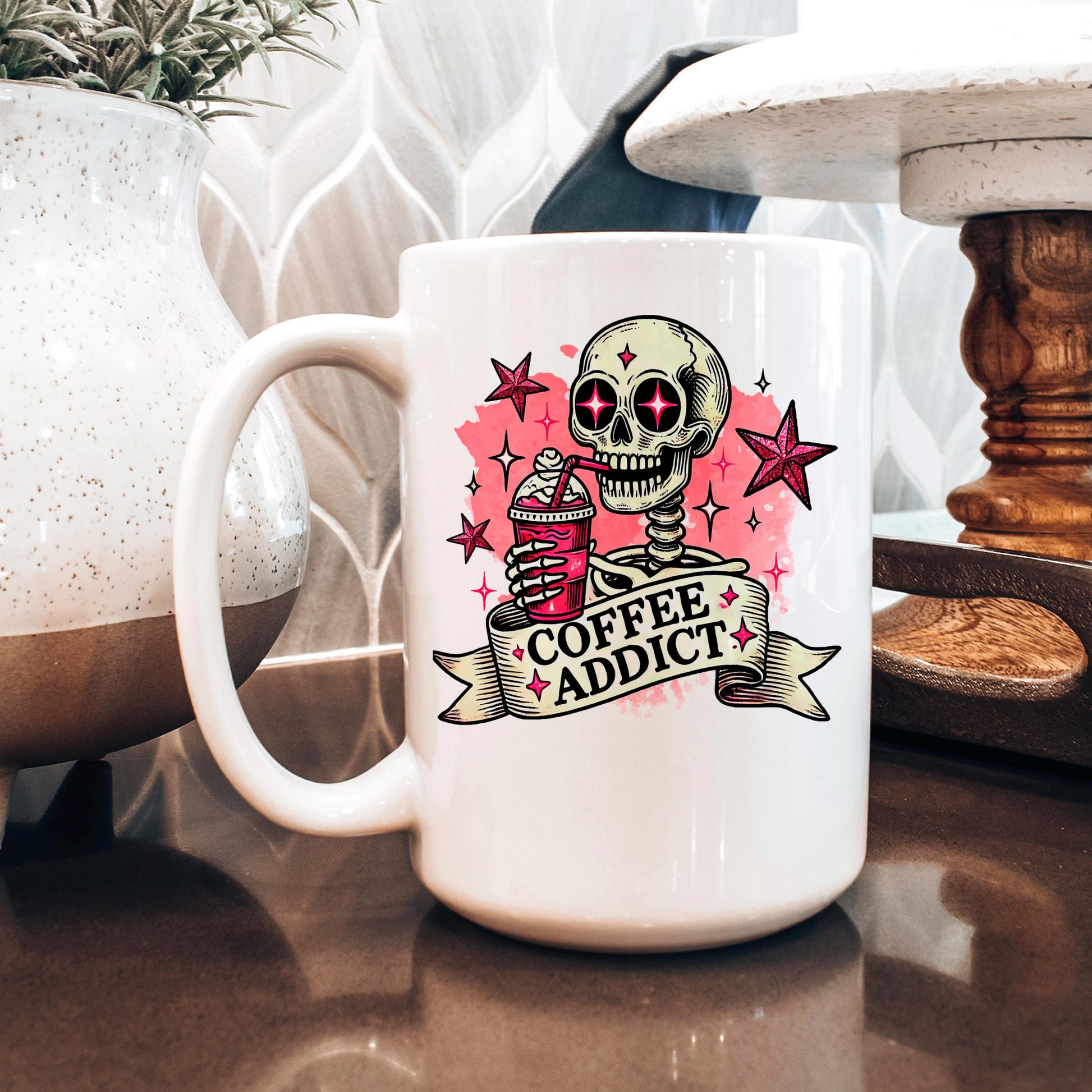 Coffee Addict Mug – Pink Skull Coffee Cup | Funny Caffeine Lover Gift, Ceramic, Dishwasher Safe Joyful Moose