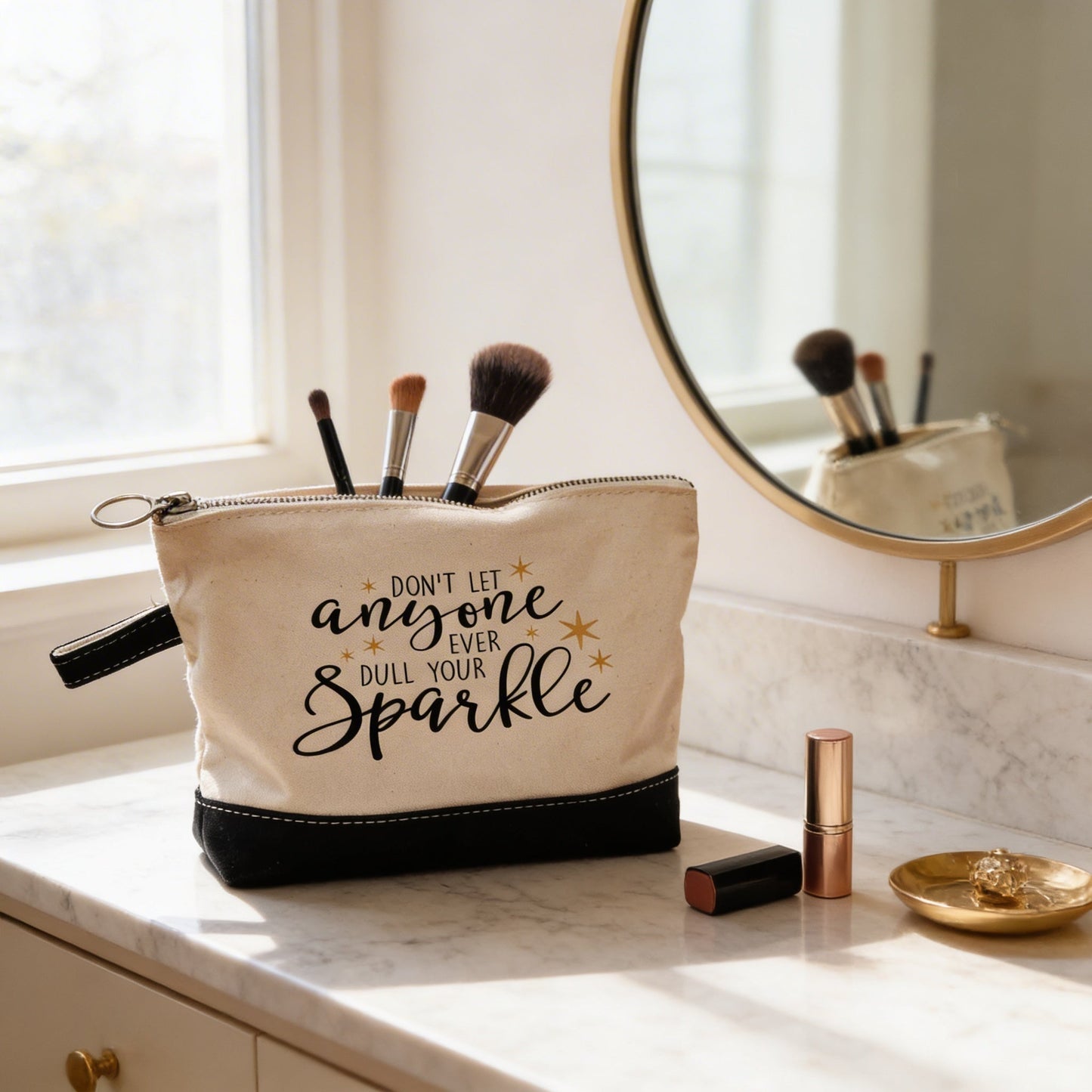 Inspirational Cosmetic Bag - Zipper Pouch - Pencil Case - Gold Sparkle Joyful Moose