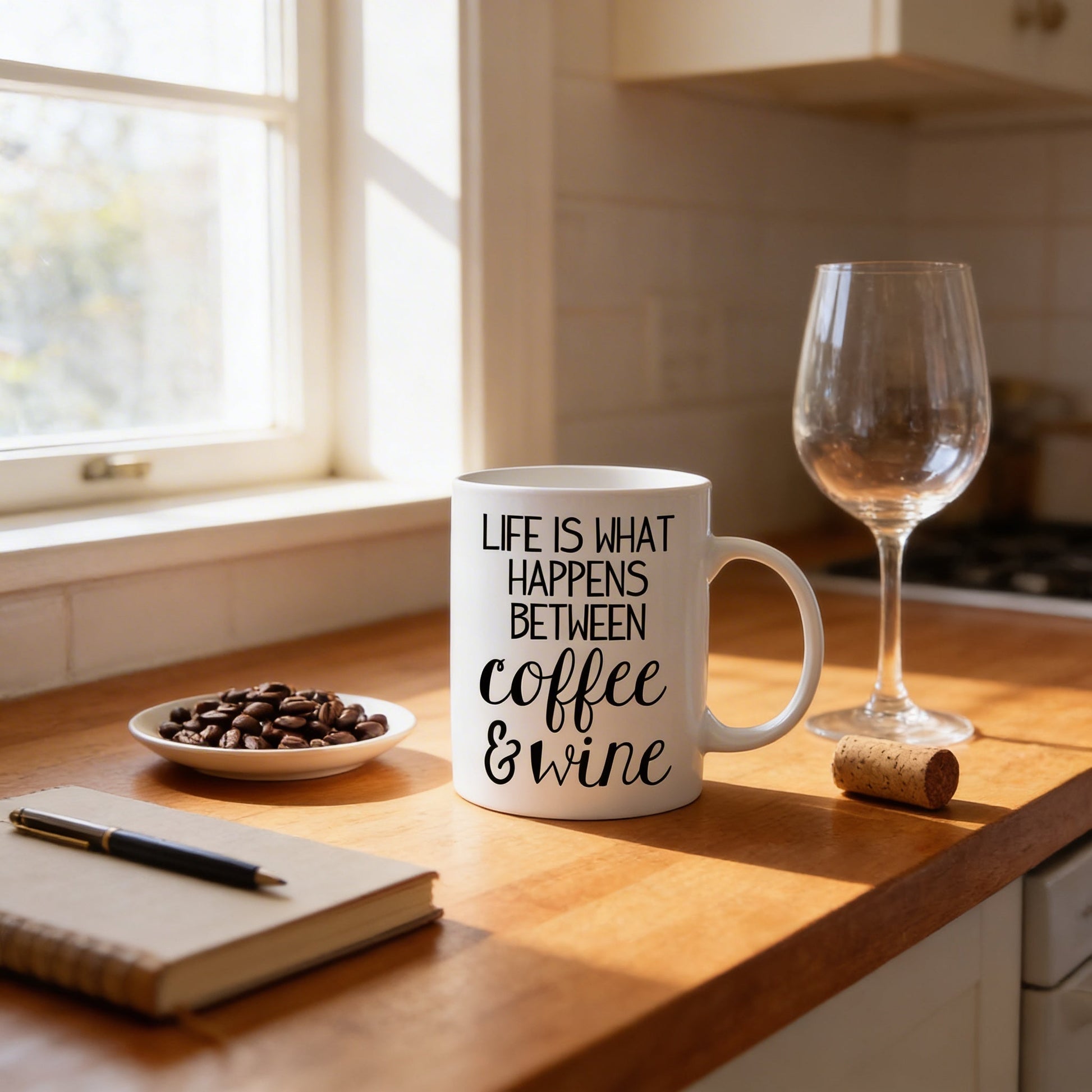 Funny Coffee Mug – Life Is What Happens Between Coffee & Wine | Ceramic Gift Joyful Moose