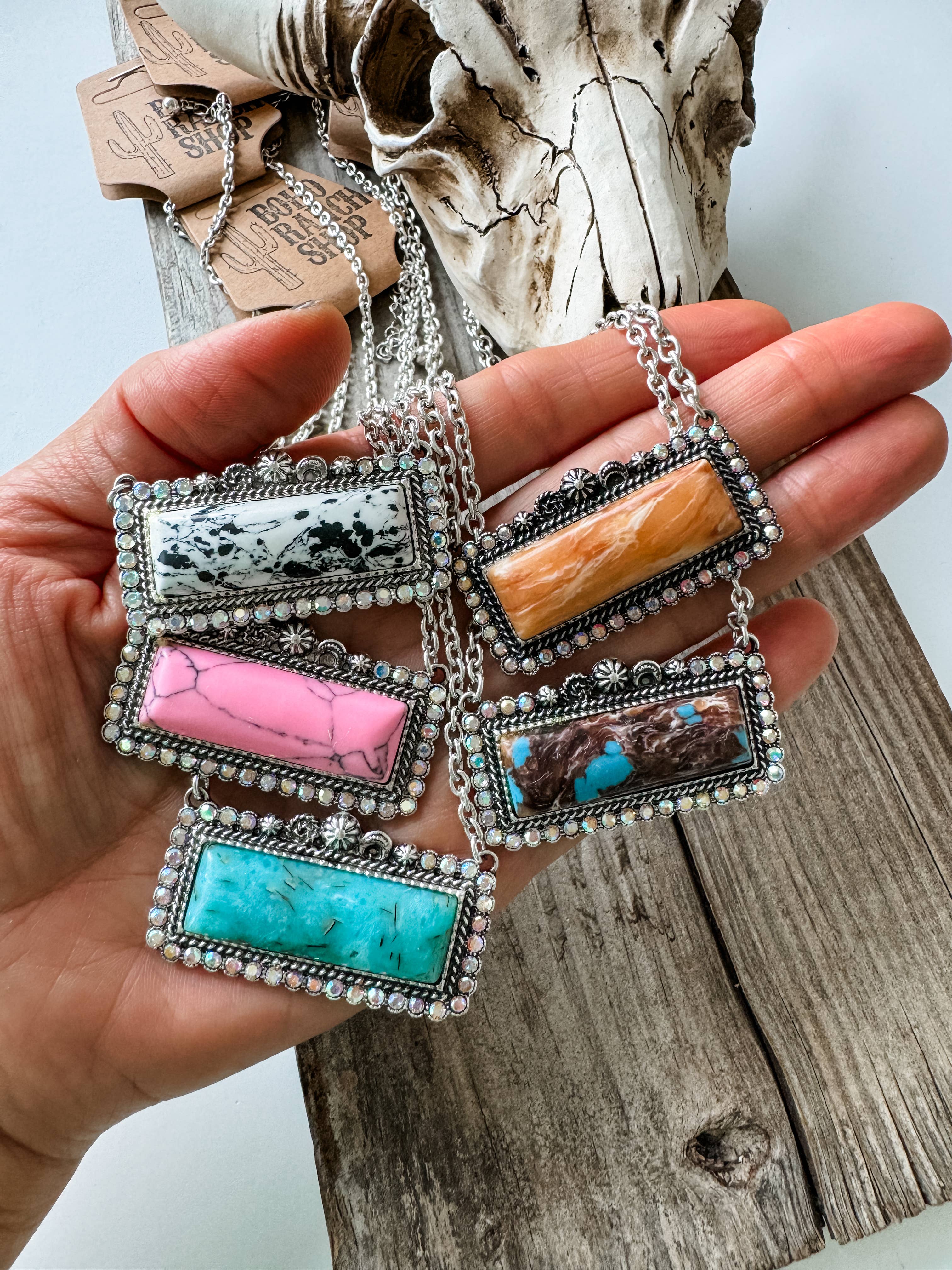 Western Semi Stone Bar Necklace - with Rhinestone edge Wild Cactus Boutique