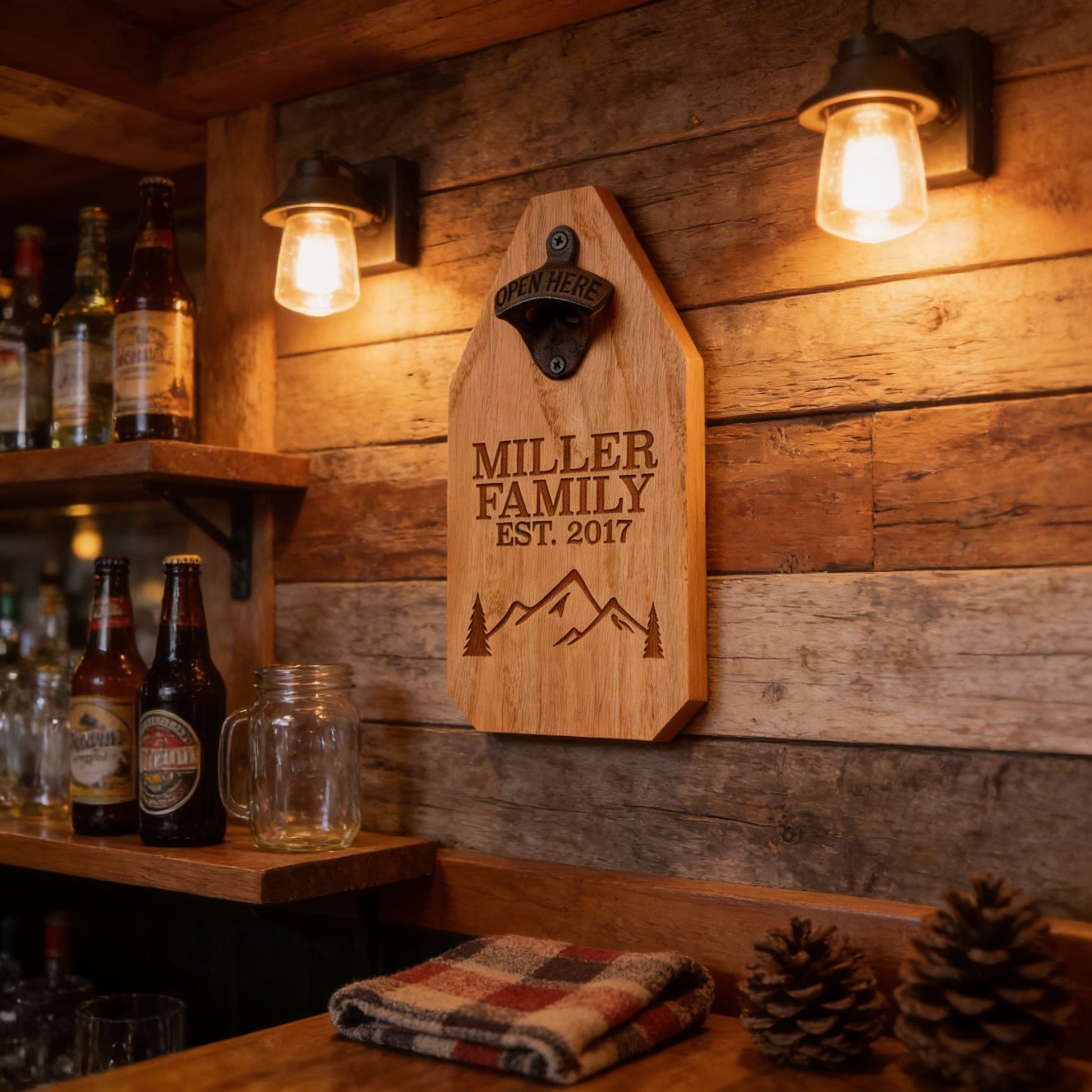 Personalized Wood Sign | Engraved Bottle Opener with Rustic Mountain Cabin Decor & Family Name Joyful Moose