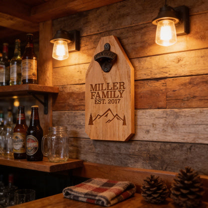 Personalized Wood Sign | Engraved Bottle Opener with Rustic Mountain Cabin Decor & Family Name Joyful Moose