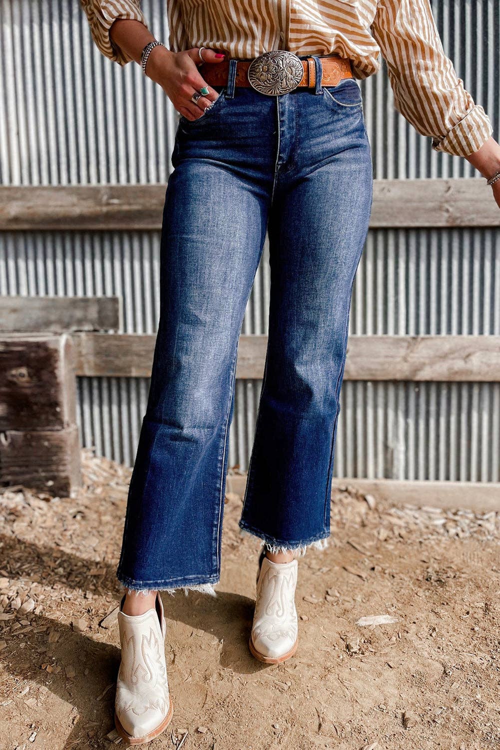 Sail Blue Mineral Wash Raw Hem High Waist Flared Jeans Thread & Co. Boutique, LLC