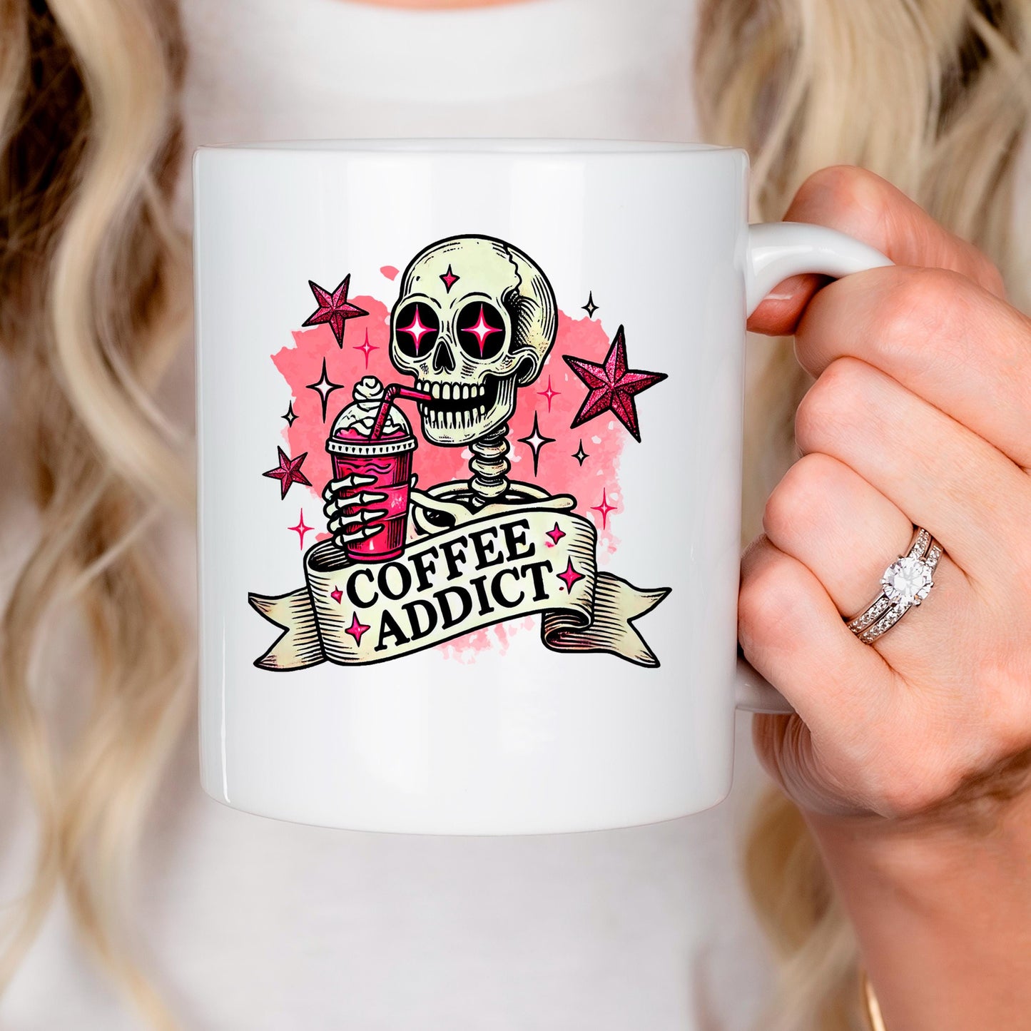 Coffee Addict Mug – Pink Skull Coffee Cup | Funny Caffeine Lover Gift, Ceramic, Dishwasher Safe Joyful Moose