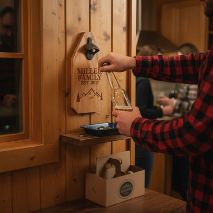 Personalized Wood Sign | Engraved Bottle Opener with Rustic Mountain Cabin Decor & Family Name Joyful Moose