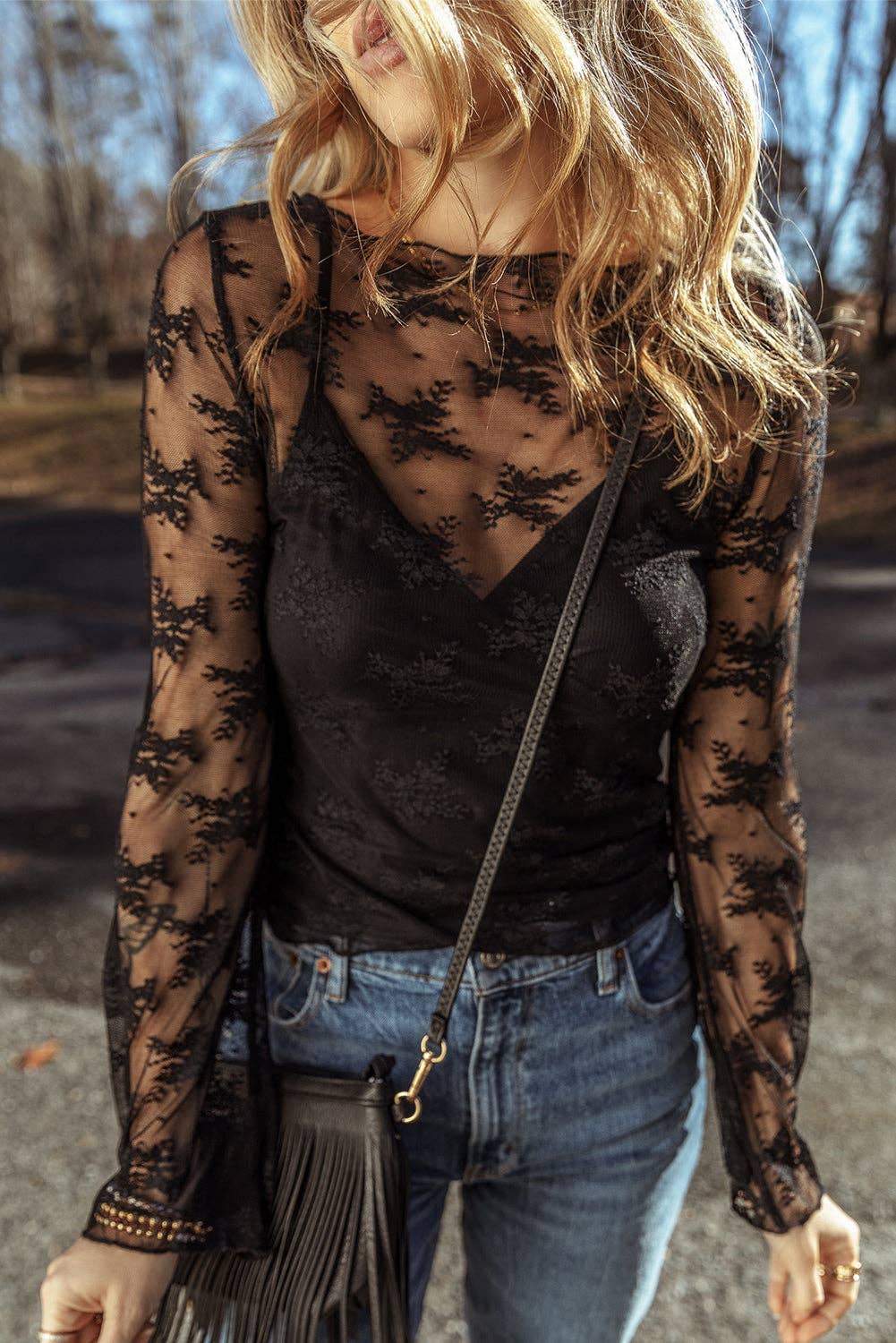 Apricot Lace Mesh Crochet Splicing Slim Fit Long Sleeve Blouse Thread & Co. Boutique, LLC